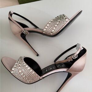 Gucci GG Crystal Logo Embellished Rhinestones Satin Pink Heels Sandals